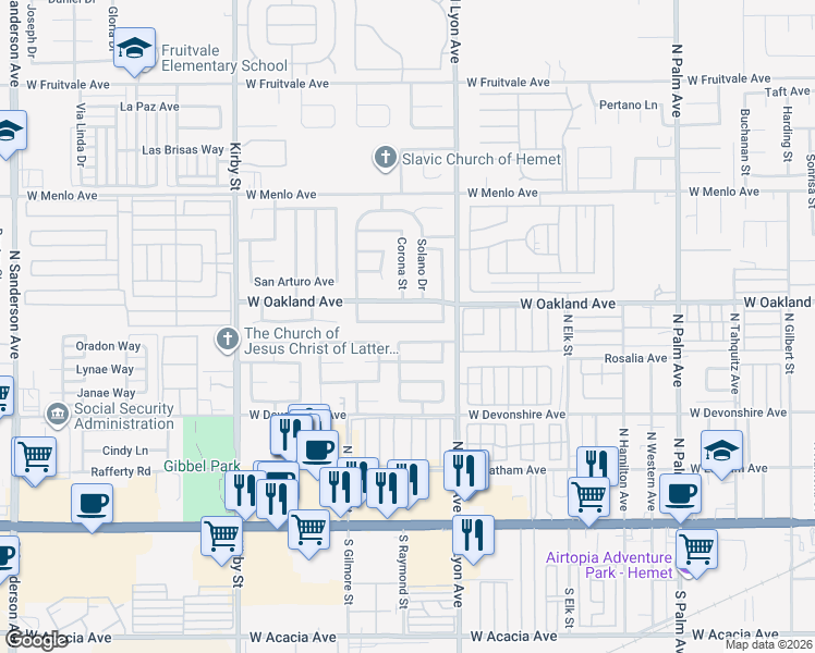 map of restaurants, bars, coffee shops, grocery stores, and more near 1835 Pueblo Drive in Hemet
