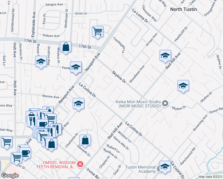 map of restaurants, bars, coffee shops, grocery stores, and more near 12361 Charloma Drive in Tustin