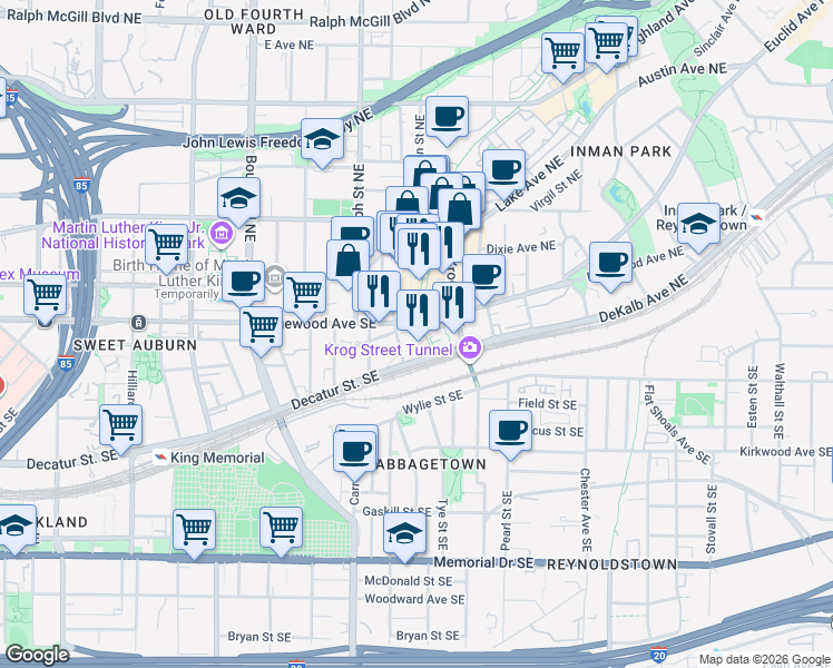 map of restaurants, bars, coffee shops, grocery stores, and more near 666 Edgewood Avenue Southeast in Atlanta