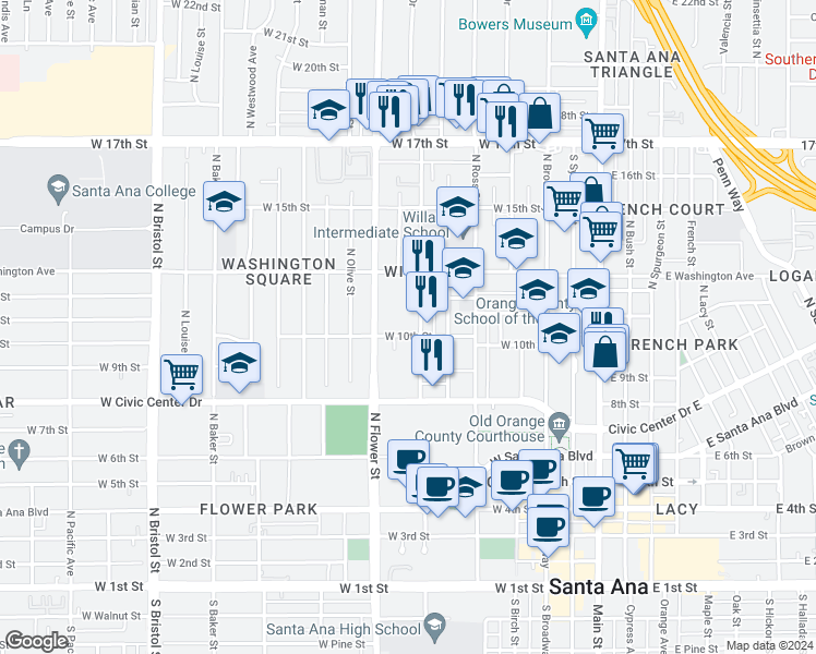 map of restaurants, bars, coffee shops, grocery stores, and more near 1002 North Parton Street in Santa Ana