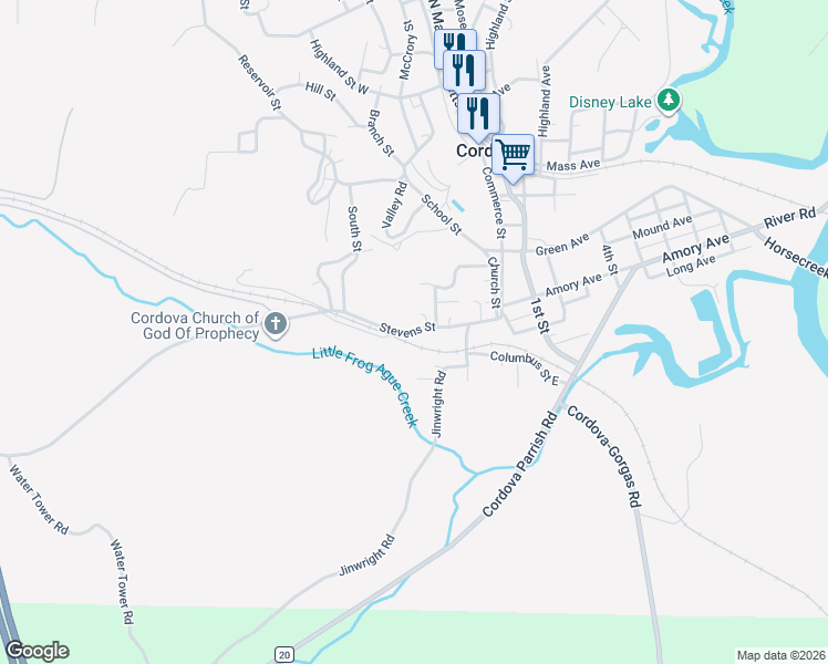 map of restaurants, bars, coffee shops, grocery stores, and more near Stevens Street in Cordova