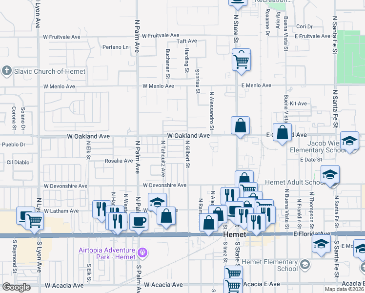 map of restaurants, bars, coffee shops, grocery stores, and more near 675 West Oakland Avenue in Hemet