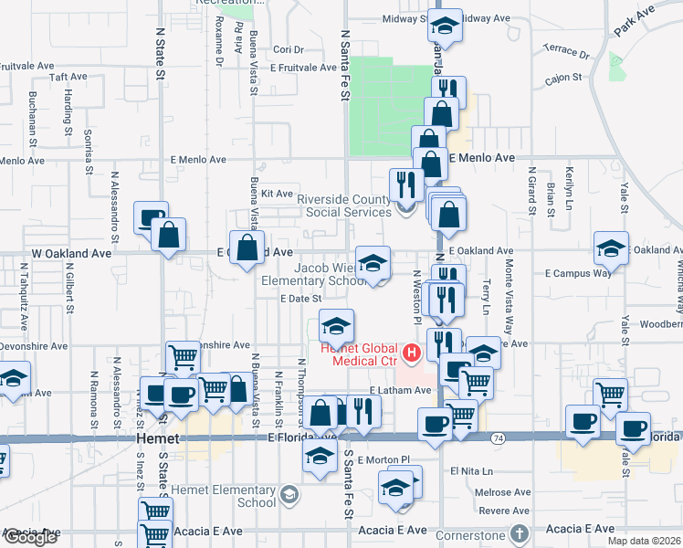 map of restaurants, bars, coffee shops, grocery stores, and more near 439 North Santa Fe Street in Hemet