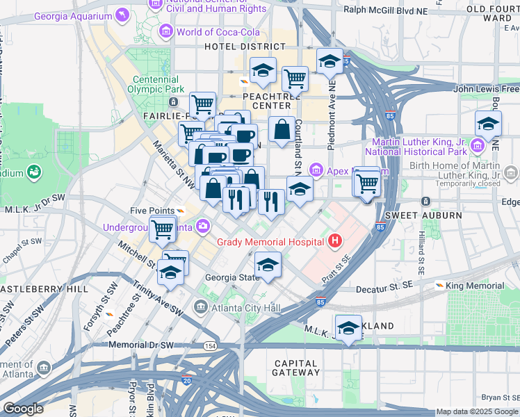 map of restaurants, bars, coffee shops, grocery stores, and more near 10 Peachtree Center Avenue Northeast in Atlanta