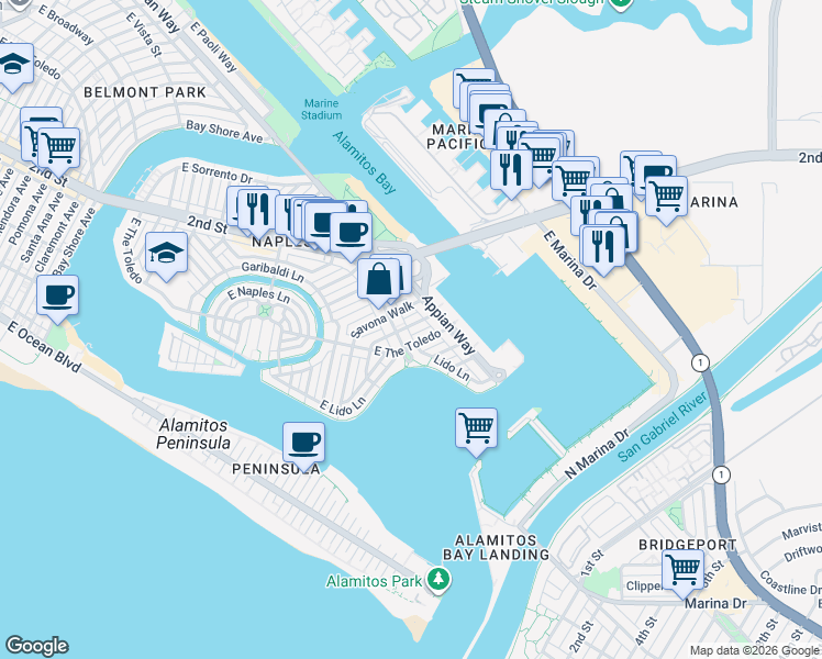 map of restaurants, bars, coffee shops, grocery stores, and more near 214 Angelo Walk in Long Beach