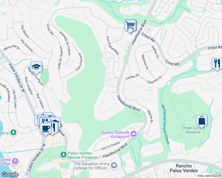 map of restaurants, bars, coffee shops, grocery stores, and more near 6714 Los Verdes Drive in Rancho Palos Verdes