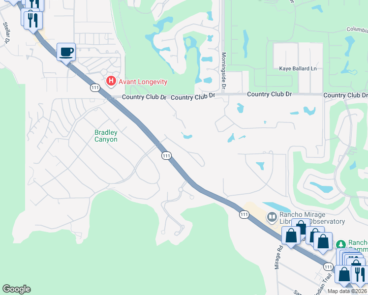 map of restaurants, bars, coffee shops, grocery stores, and more near 72555 1/2 California 111 in Palm Desert