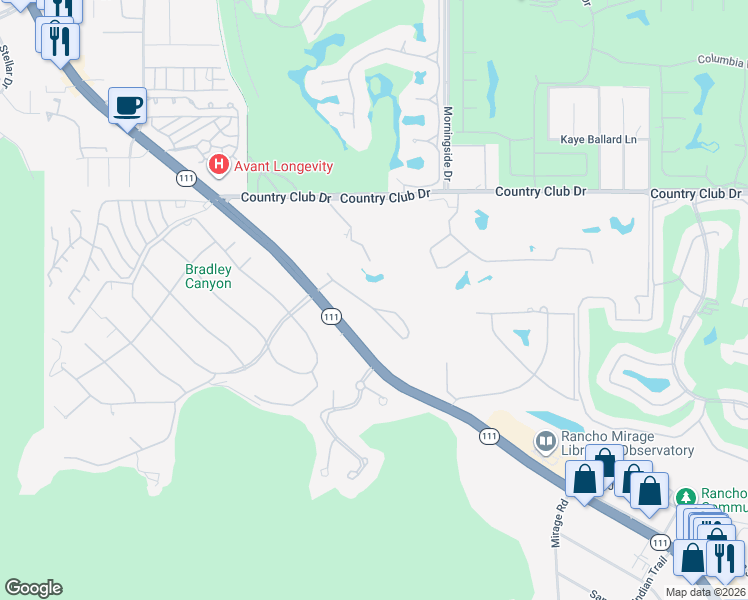 map of restaurants, bars, coffee shops, grocery stores, and more near 70820 Fairway Drive in Rancho Mirage