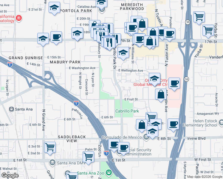 map of restaurants, bars, coffee shops, grocery stores, and more near 1052 Cabrillo Park Drive in Santa Ana