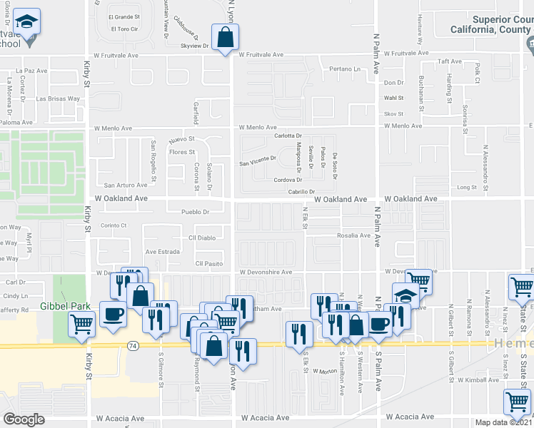 map of restaurants, bars, coffee shops, grocery stores, and more near 1525 West Oakland Avenue in Hemet