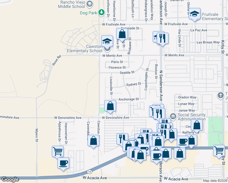 map of restaurants, bars, coffee shops, grocery stores, and more near 508 Louisville Street in Hemet