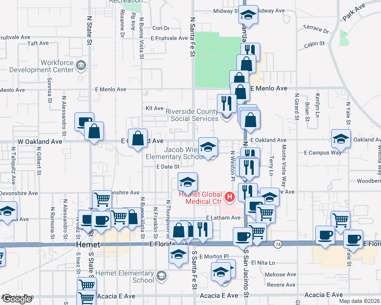 map of restaurants, bars, coffee shops, grocery stores, and more near 439 North Santa Fe Street in Hemet