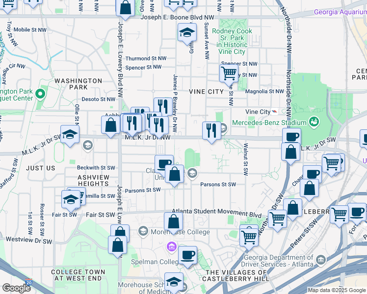 map of restaurants, bars, coffee shops, grocery stores, and more near in Atlanta