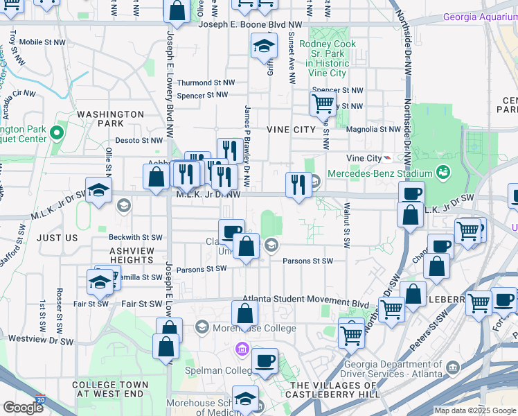 map of restaurants, bars, coffee shops, grocery stores, and more near 33 James P Brawley Drive Southwest in Atlanta