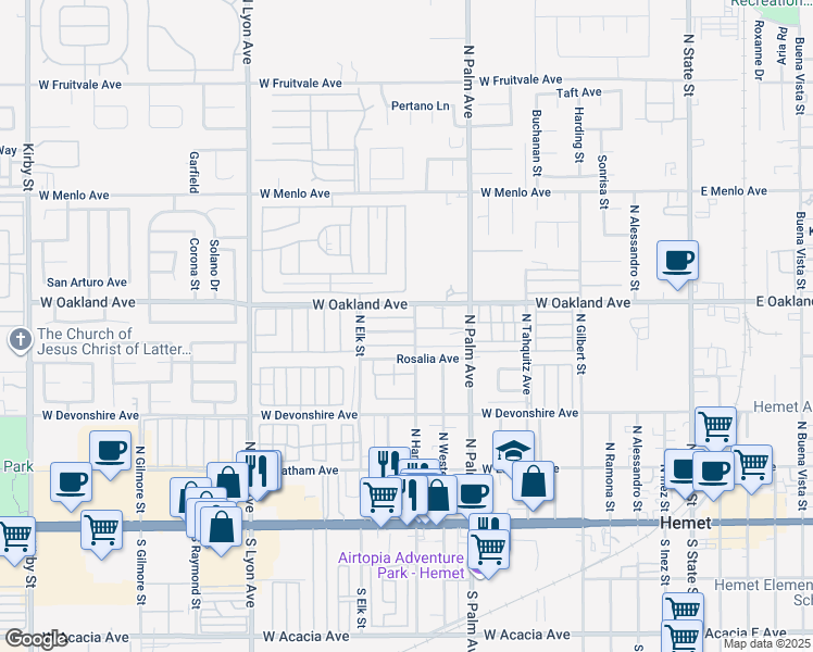 map of restaurants, bars, coffee shops, grocery stores, and more near 1175 West Oakland Avenue in Hemet