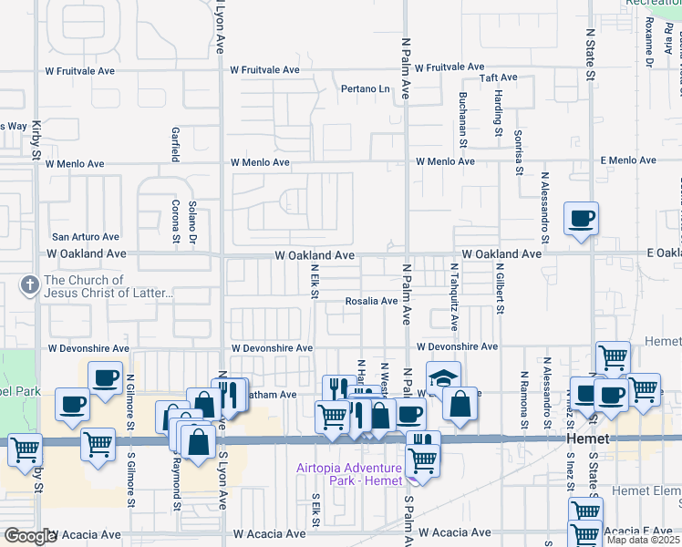 map of restaurants, bars, coffee shops, grocery stores, and more near 1175 West Oakland Avenue in Hemet