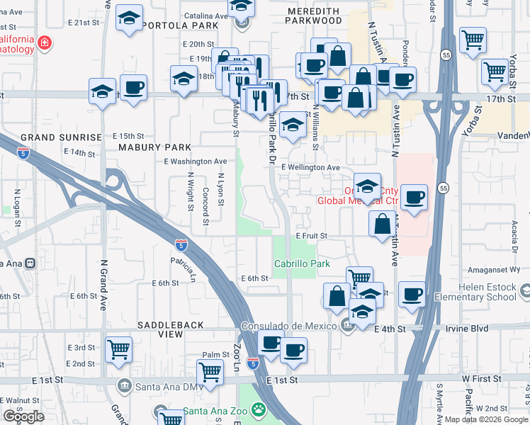 map of restaurants, bars, coffee shops, grocery stores, and more near 1008 Cabrillo Park Drive in Santa Ana