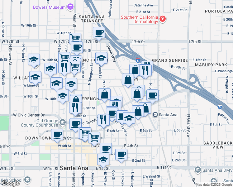 map of restaurants, bars, coffee shops, grocery stores, and more near 934 North Garfield Street in Santa Ana