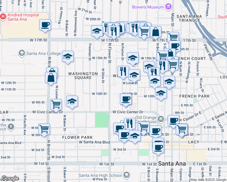 map of restaurants, bars, coffee shops, grocery stores, and more near 1021 North Flower Street in Santa Ana