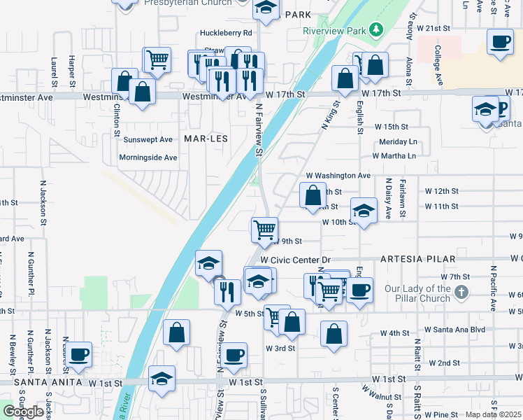 map of restaurants, bars, coffee shops, grocery stores, and more near 2506 West 12th Street in Santa Ana