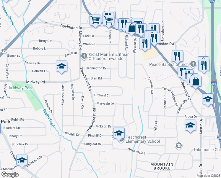 map of restaurants, bars, coffee shops, grocery stores, and more near 3474 Orchard Circle in Decatur