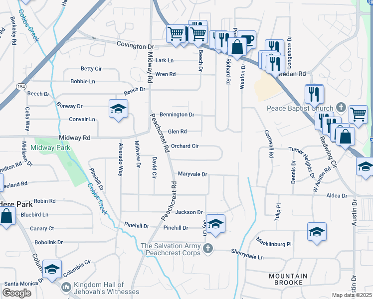 map of restaurants, bars, coffee shops, grocery stores, and more near 3453 Orchard Circle in Decatur