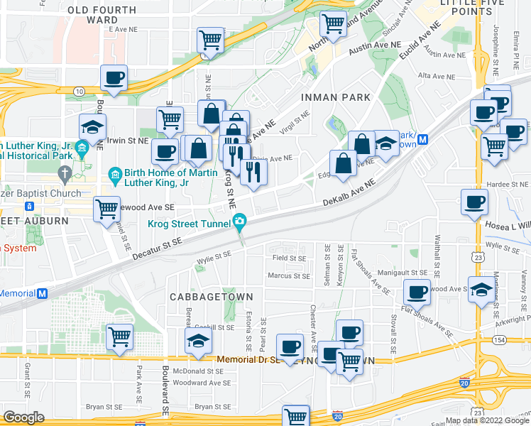 map of restaurants, bars, coffee shops, grocery stores, and more near 198 Spruce Street Northeast in Atlanta