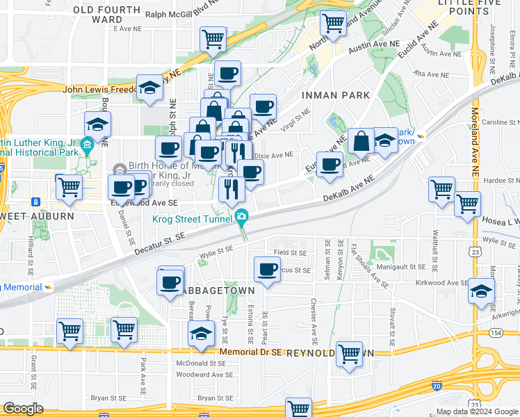 map of restaurants, bars, coffee shops, grocery stores, and more near 30 Waddell Street Northeast in Atlanta