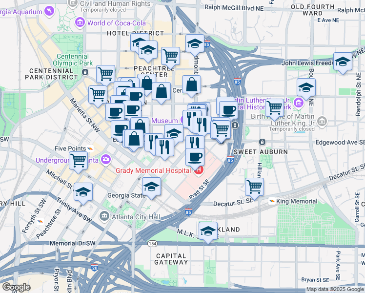 map of restaurants, bars, coffee shops, grocery stores, and more near 124 Edgewood Avenue Northeast in Atlanta