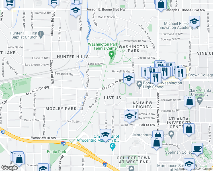 map of restaurants, bars, coffee shops, grocery stores, and more near 11 Stafford Street Southwest in Atlanta
