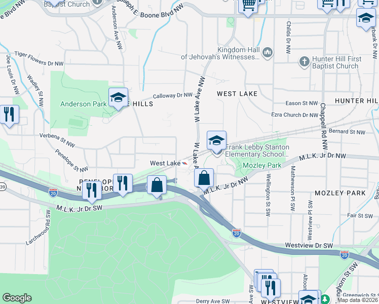 map of restaurants, bars, coffee shops, grocery stores, and more near 10 Anderson Avenue Northwest in Atlanta