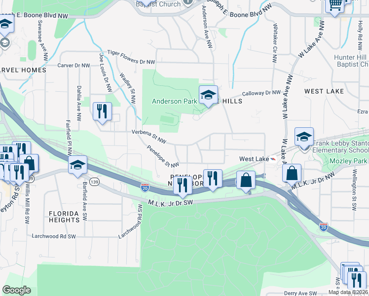 map of restaurants, bars, coffee shops, grocery stores, and more near 2045 Verbena Street Northwest in Atlanta
