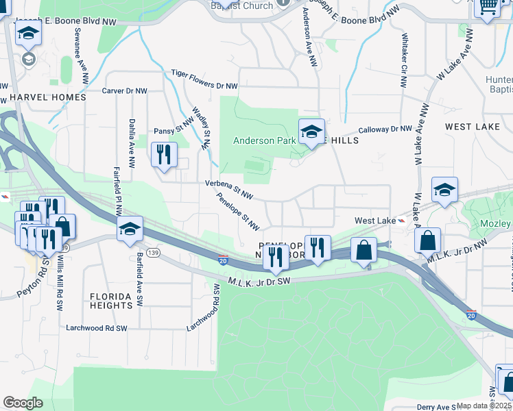 map of restaurants, bars, coffee shops, grocery stores, and more near 2068 Verbena Street Northwest in Atlanta