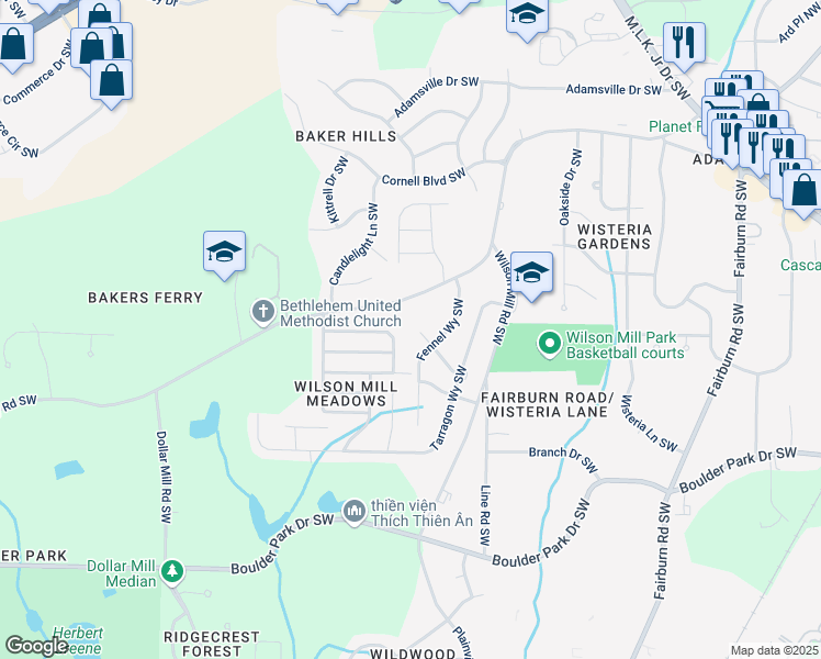 map of restaurants, bars, coffee shops, grocery stores, and more near 3996 Bakers Ferry Road Southwest in Atlanta