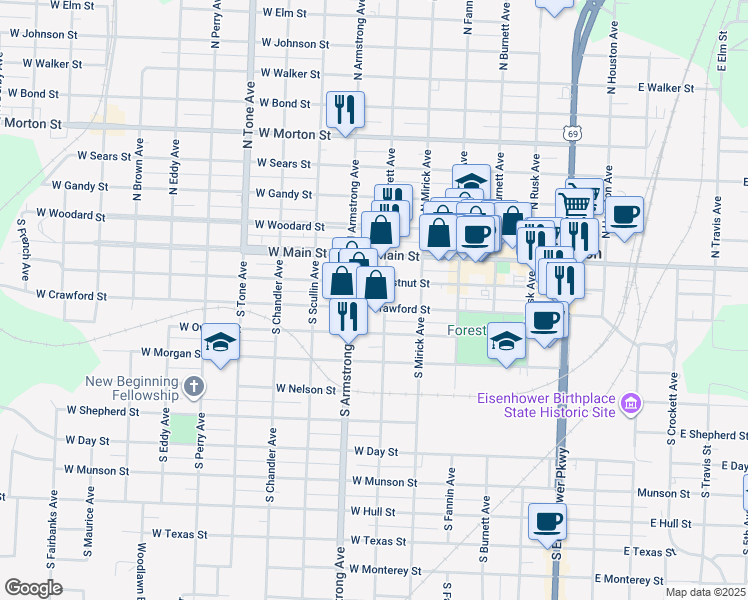 map of restaurants, bars, coffee shops, grocery stores, and more near 630 West Chestnut Street in Denison