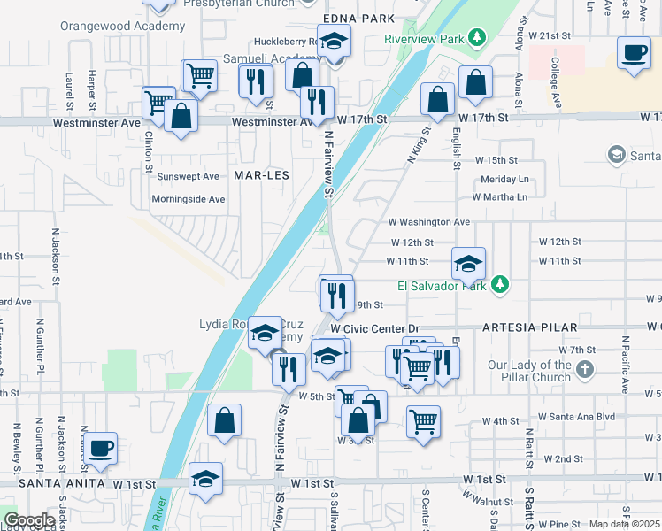 map of restaurants, bars, coffee shops, grocery stores, and more near 1003 Marengo Place in Santa Ana
