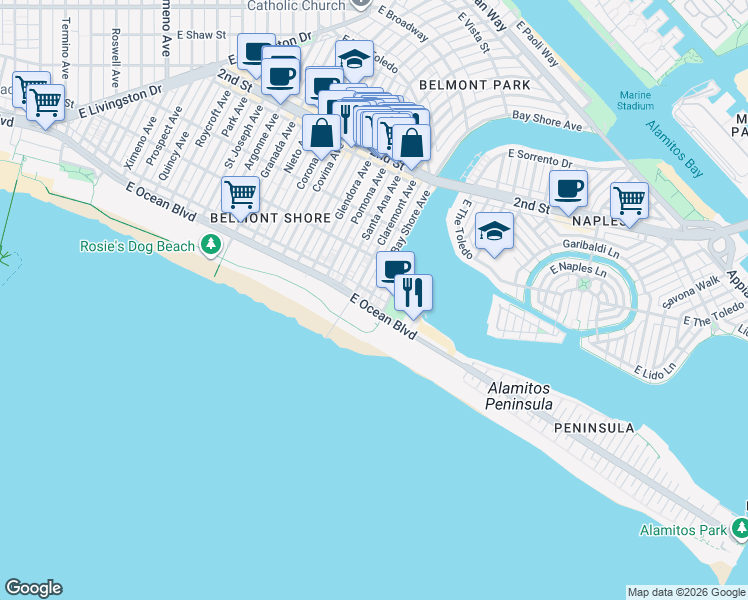 map of restaurants, bars, coffee shops, grocery stores, and more near 30 Bay Shore Avenue in Long Beach