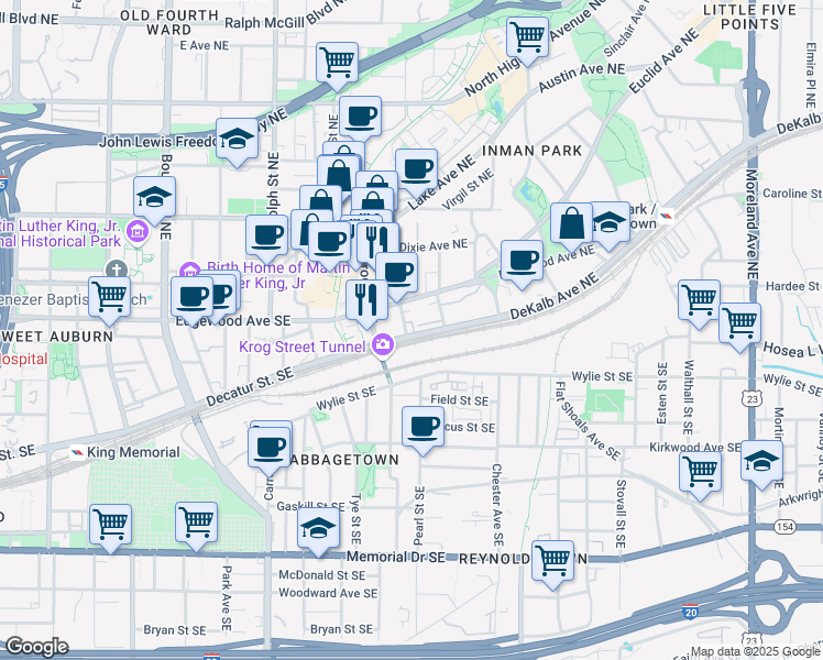 map of restaurants, bars, coffee shops, grocery stores, and more near 15 Waddell Street Northeast in Atlanta