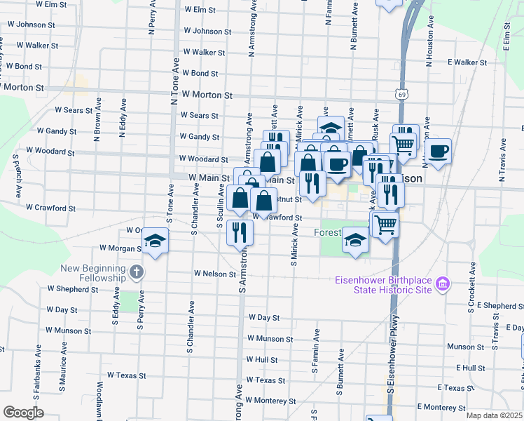 map of restaurants, bars, coffee shops, grocery stores, and more near 630 West Chestnut Street in Denison