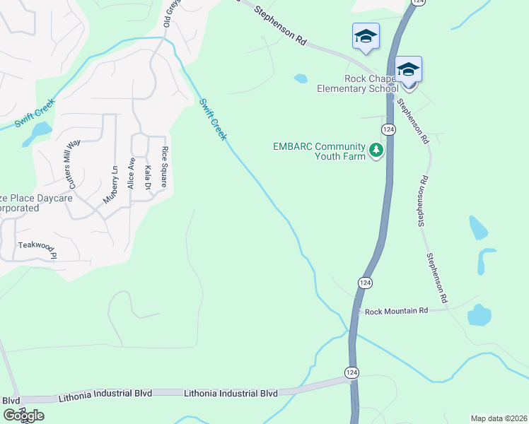 map of restaurants, bars, coffee shops, grocery stores, and more near 1405 Rock Chapel Road in Lithonia