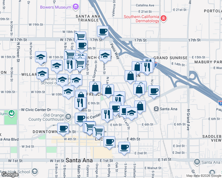 map of restaurants, bars, coffee shops, grocery stores, and more near 919 North Lacy Street in Santa Ana