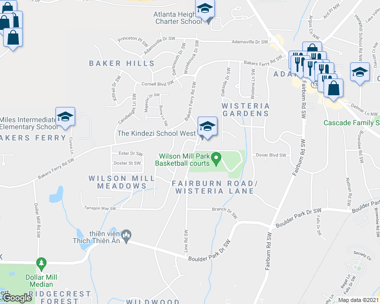 map of restaurants, bars, coffee shops, grocery stores, and more near 321 Wilson Mill Road Southwest in Atlanta