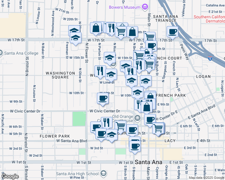 map of restaurants, bars, coffee shops, grocery stores, and more near 1008 North Ross Street in Santa Ana
