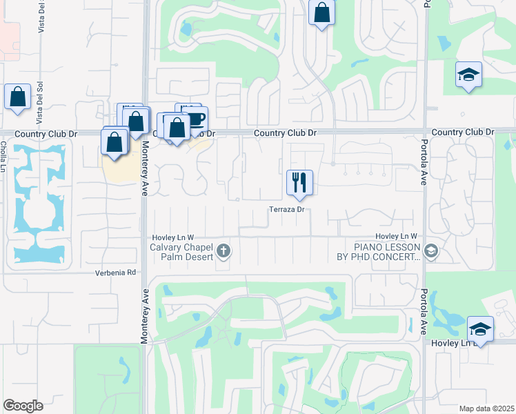 map of restaurants, bars, coffee shops, grocery stores, and more near 40550 Ventana Court in Palm Desert