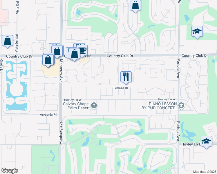 map of restaurants, bars, coffee shops, grocery stores, and more near 40550 Ventana Court in Palm Desert