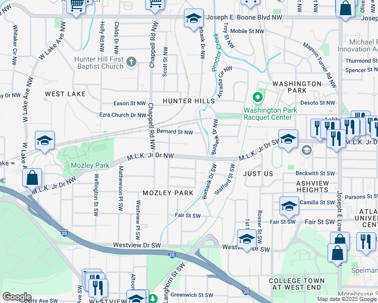 map of restaurants, bars, coffee shops, grocery stores, and more near 1311 Martin Luther King Junior Drive Northwest in Atlanta