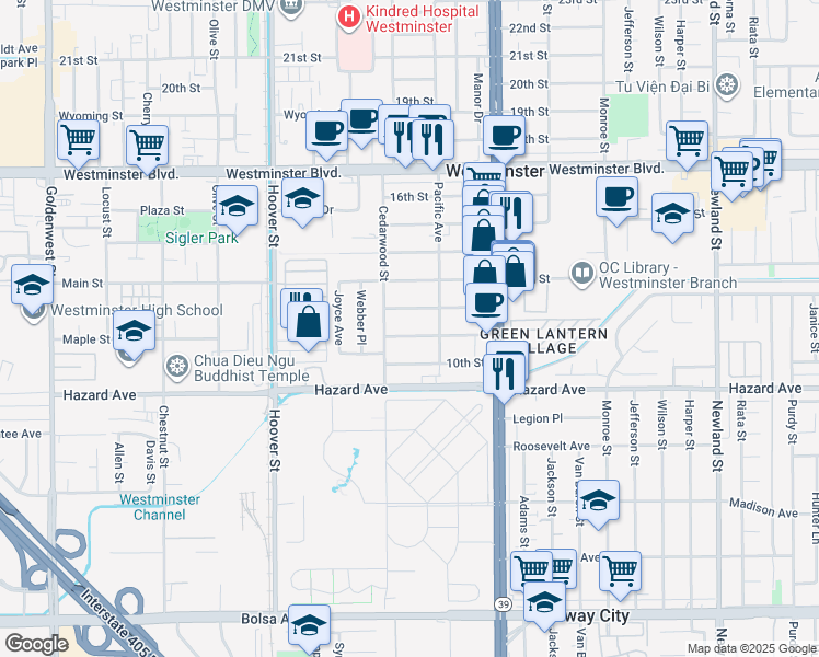 map of restaurants, bars, coffee shops, grocery stores, and more near 7781 11th Street in Westminster