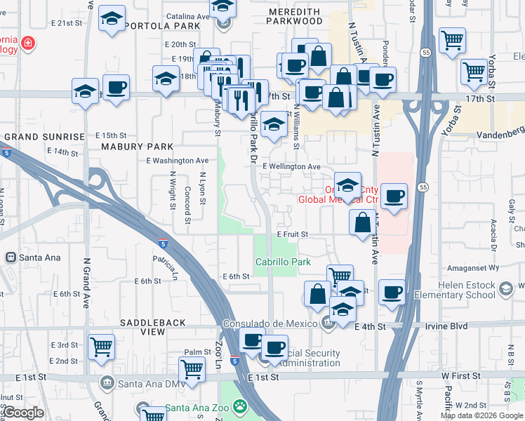 map of restaurants, bars, coffee shops, grocery stores, and more near 1042 Cabrillo Park Drive in Santa Ana