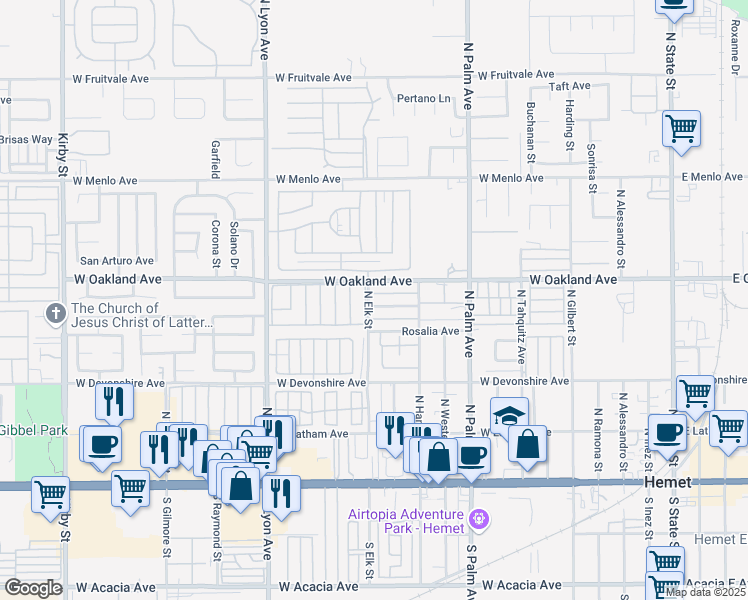 map of restaurants, bars, coffee shops, grocery stores, and more near 1290 Valencia Avenue in Hemet