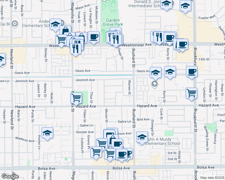 map of restaurants, bars, coffee shops, grocery stores, and more near 9362 McClure Avenue in Westminster